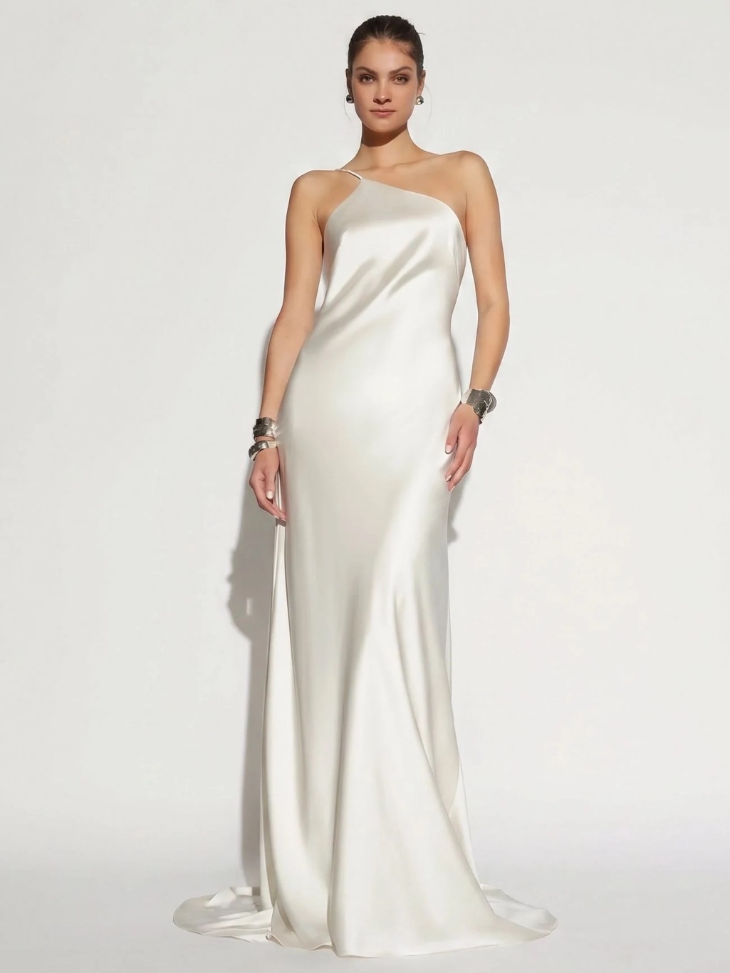 One-Shoulder Satin Wedding Gown In Ivory